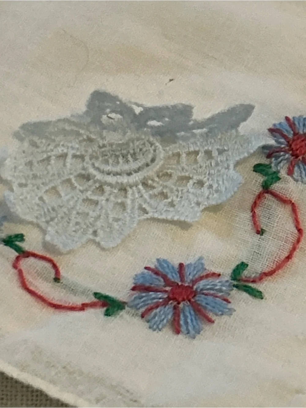 Vintage Hand-Embroidered Floral Linen Hankerchief with Crocheted Lace Accent